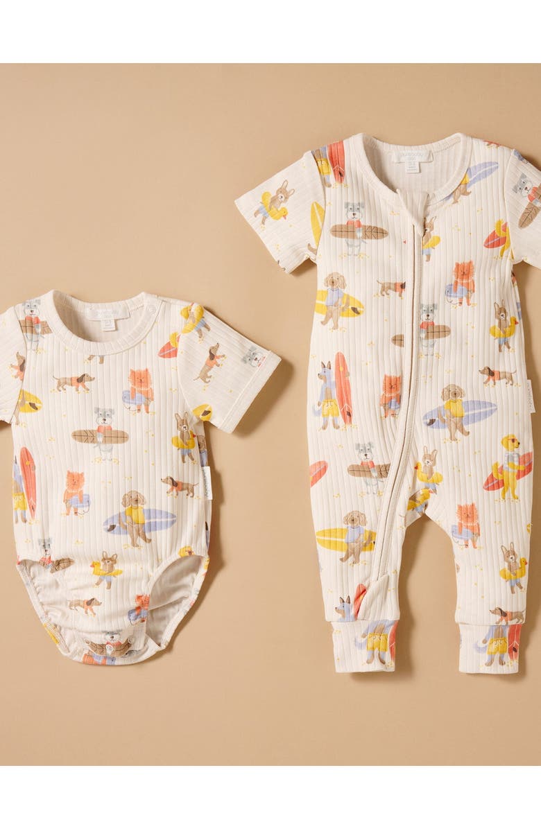 Purebaby Rib Zip Short Sleeve Romper, Alternate, color, Little Surfing Dogs Print