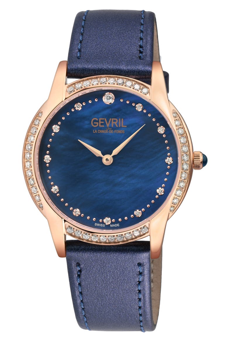 Airolo Swiss Diamond Leather Strap Watch, 36mm - 0.92ct., Main, color, BLUE