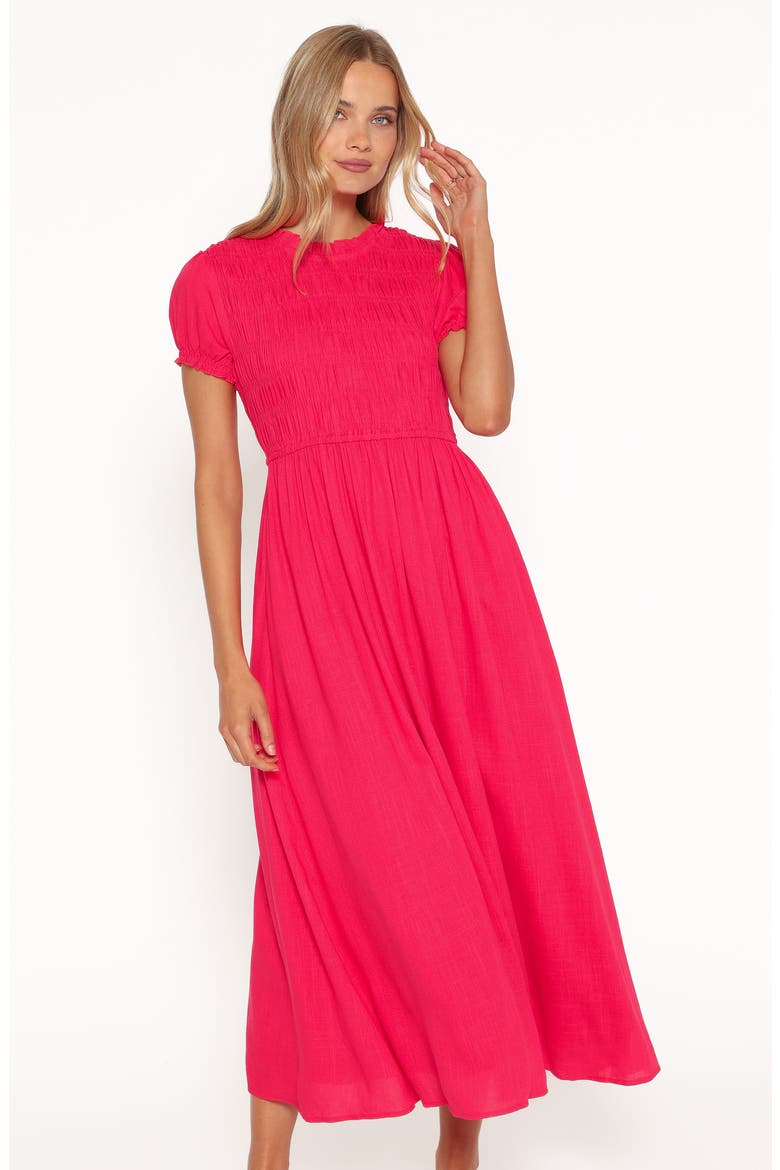 Darla Smocked Puff Sleeve Midi Dress, Alternate, color, HOT CORAL