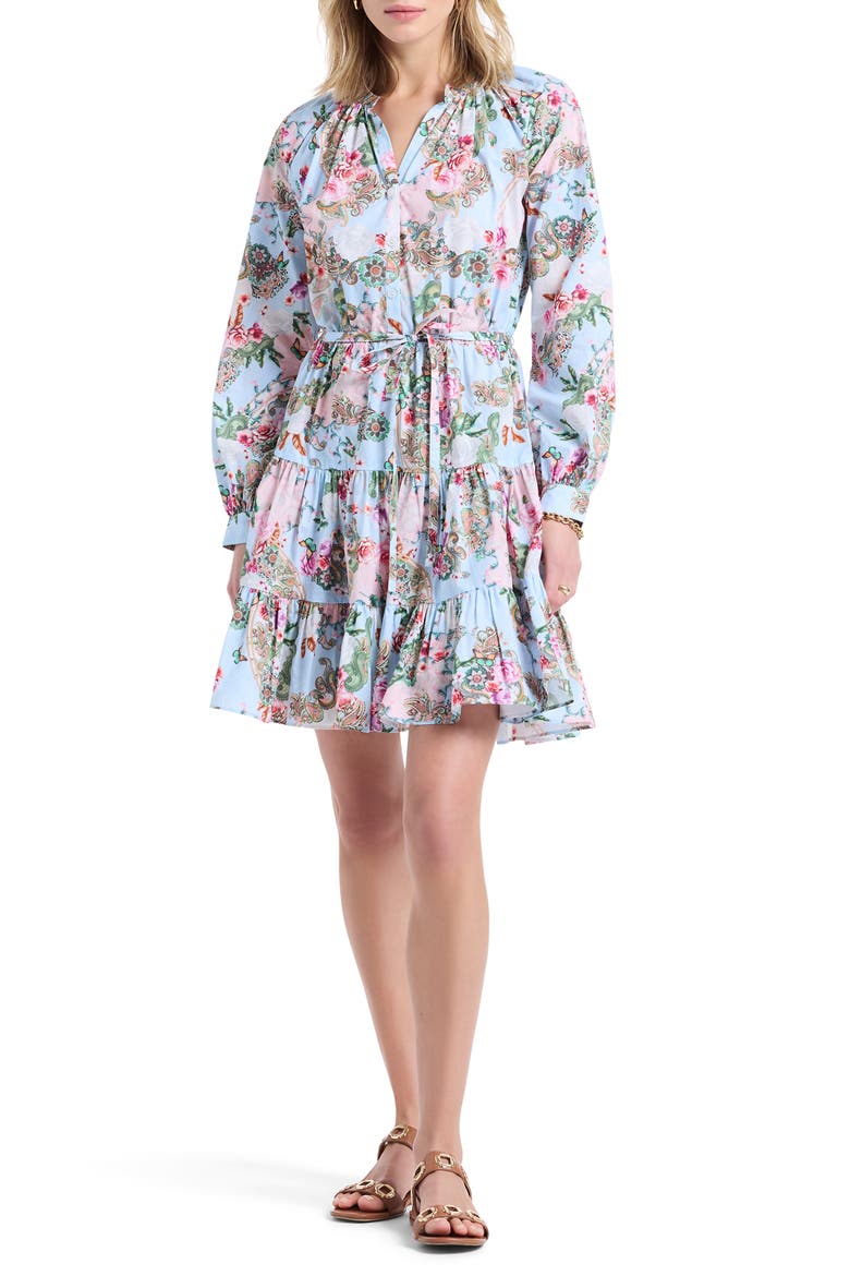 Sydney Paisley Floral Long Sleeve Tiered Shirtdress, Main, color, BLUE MULTI