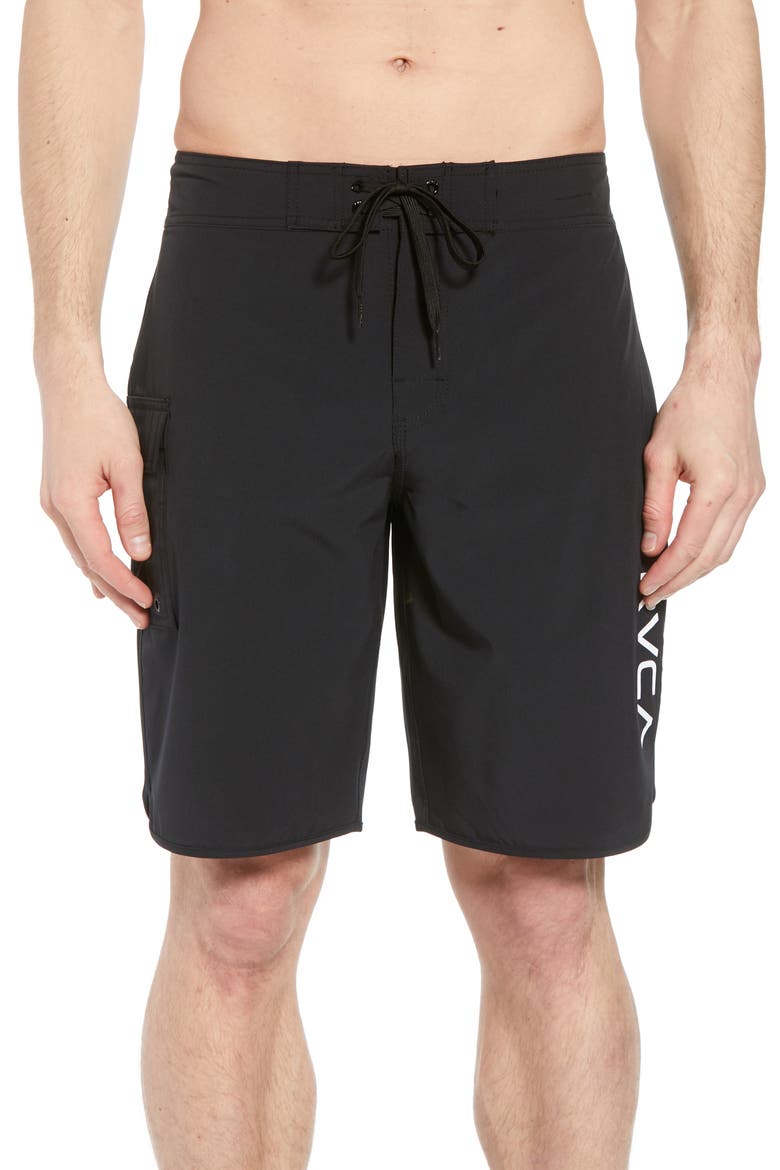 'Eastern' Scalloped Hem Board Shorts, Main, color, ALL BLACK