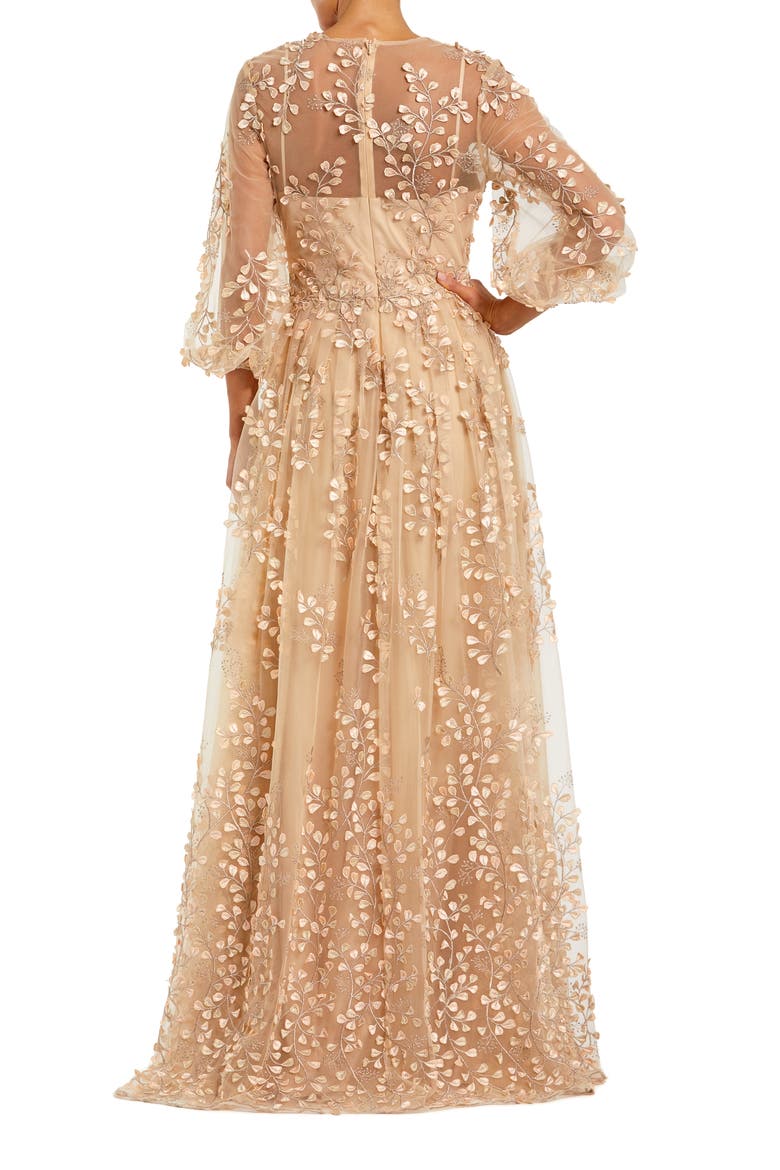 Embroidered Puff Sleeve A-Line Gown, Alternate, color, Champagne