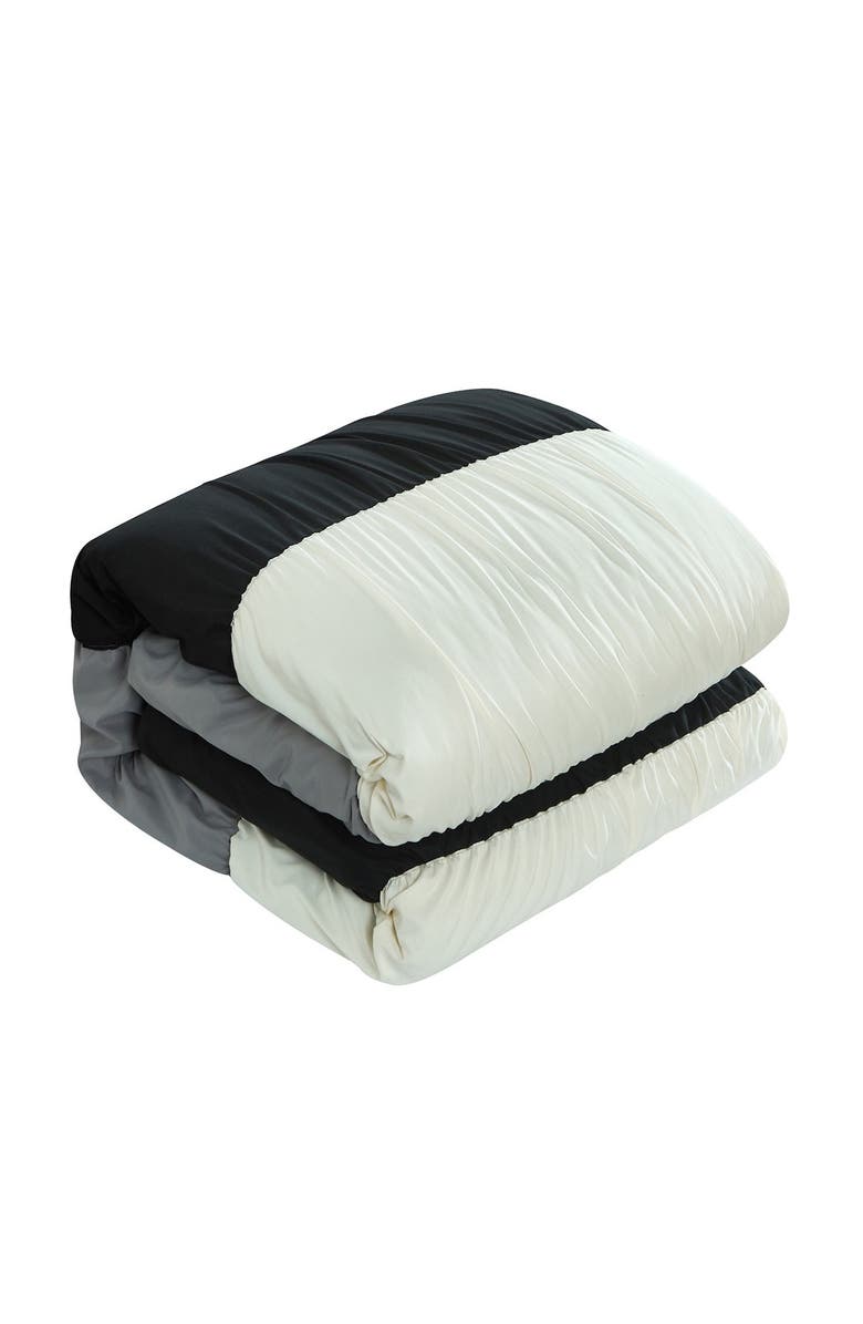 CHIC Jaye Ruched Color Block Design Queen Comforter Set - Black - 9-Piece Set, Alternate, color,