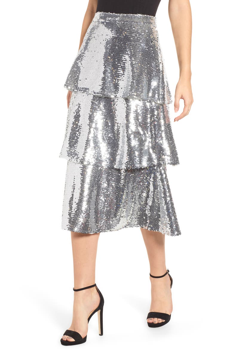 Tiered Sequin Midi Skirt, Main, color, SILVER