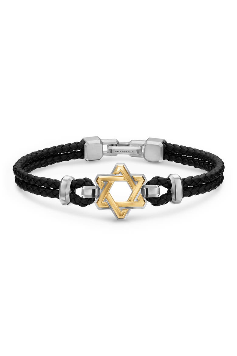 Streamline Star of David Bracelet in Black Leather with Sterling Silver & 14K Yellow Gold, 18mm, Main, color, SILVER