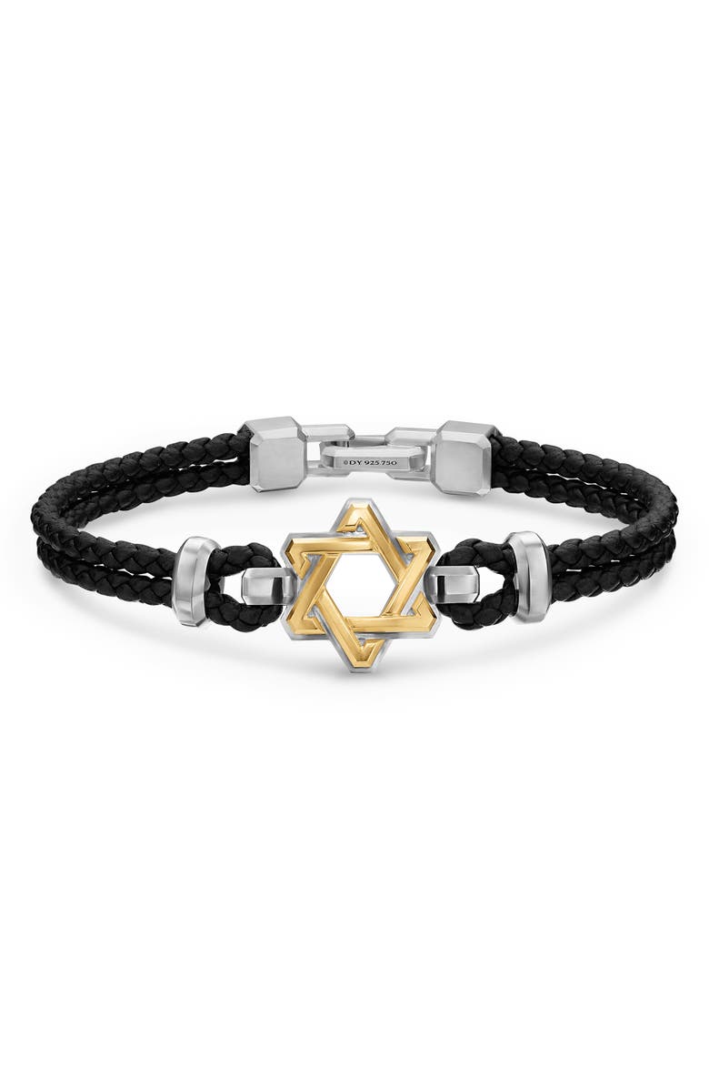 David Yurman Streamline Star of David Bracelet in Black Leather with Sterling Silver & 14K Yellow Gold, 18mm, Main, color, Silver