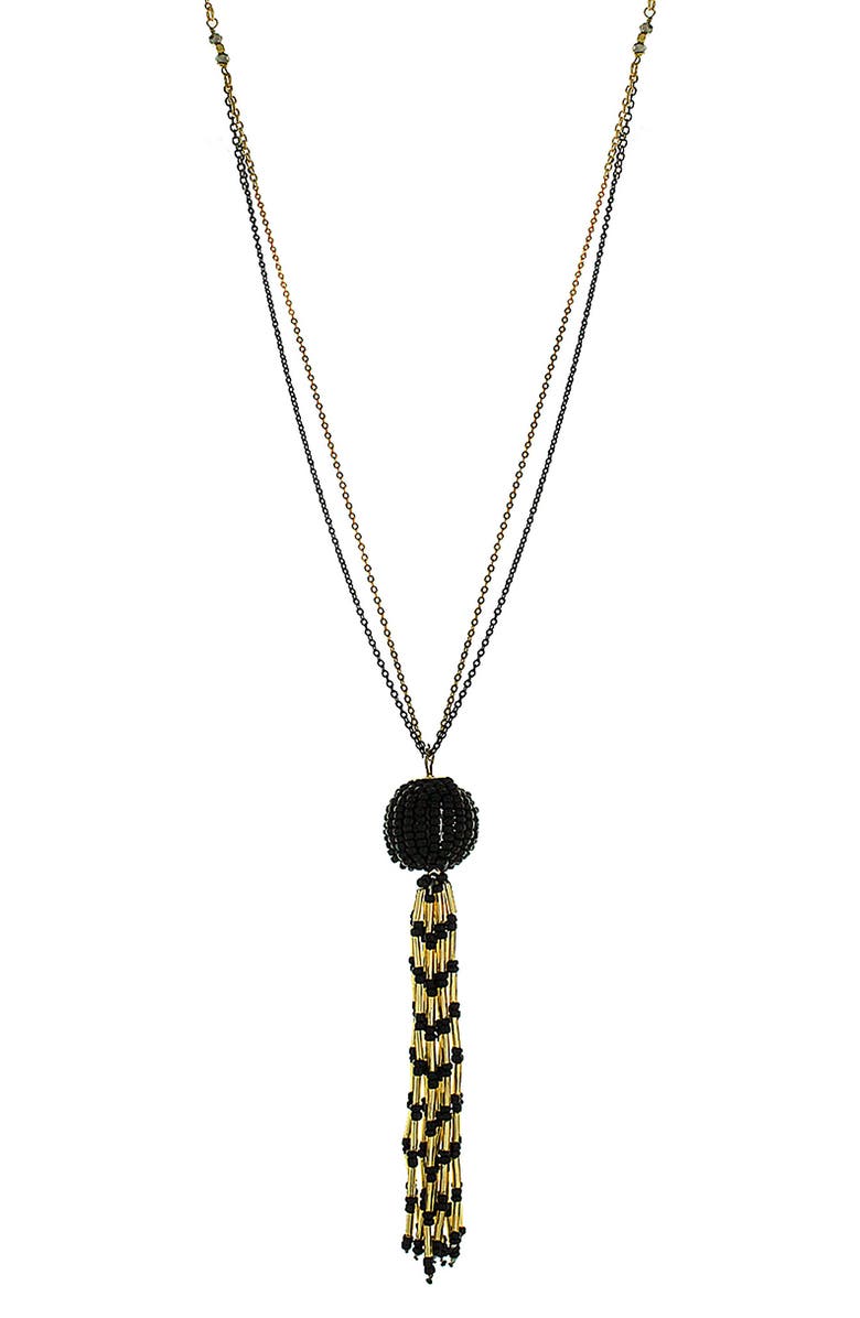 Panacea Black Beaded Tassel Necklace, Main, color, 