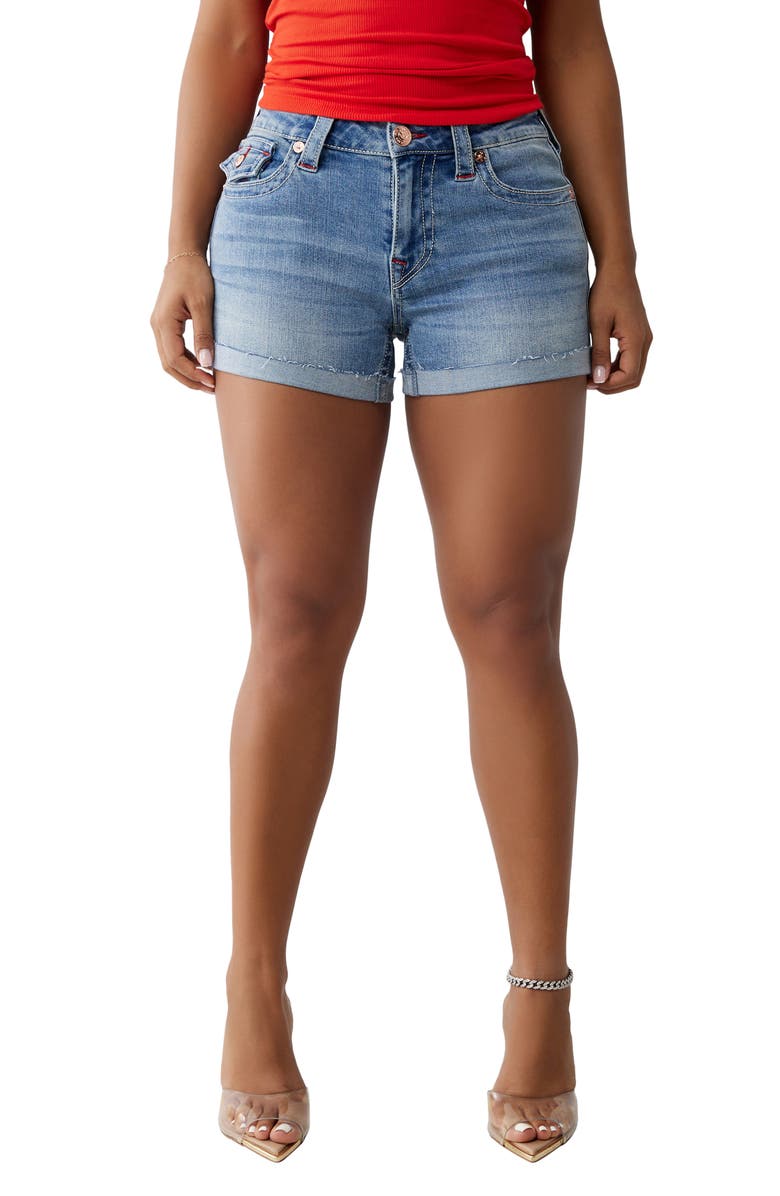 True Religion Jennie Cuff Denim Shorts, Main, color, California Poppy