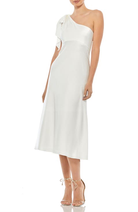 One-Shoulder Satin Midi Dress with Tie Detail & Subtle High-Low Hem