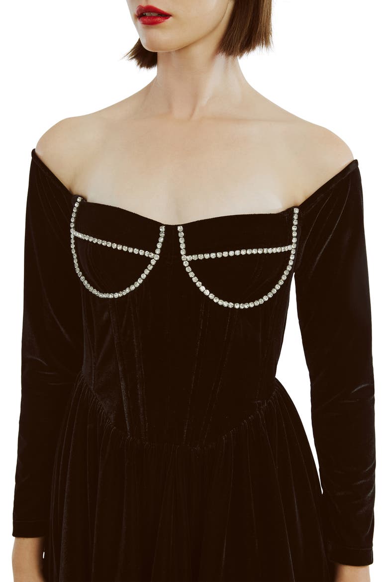 Emlyn Diamante Long Sleeve Velour Minidress, Alternate, color, BLACK