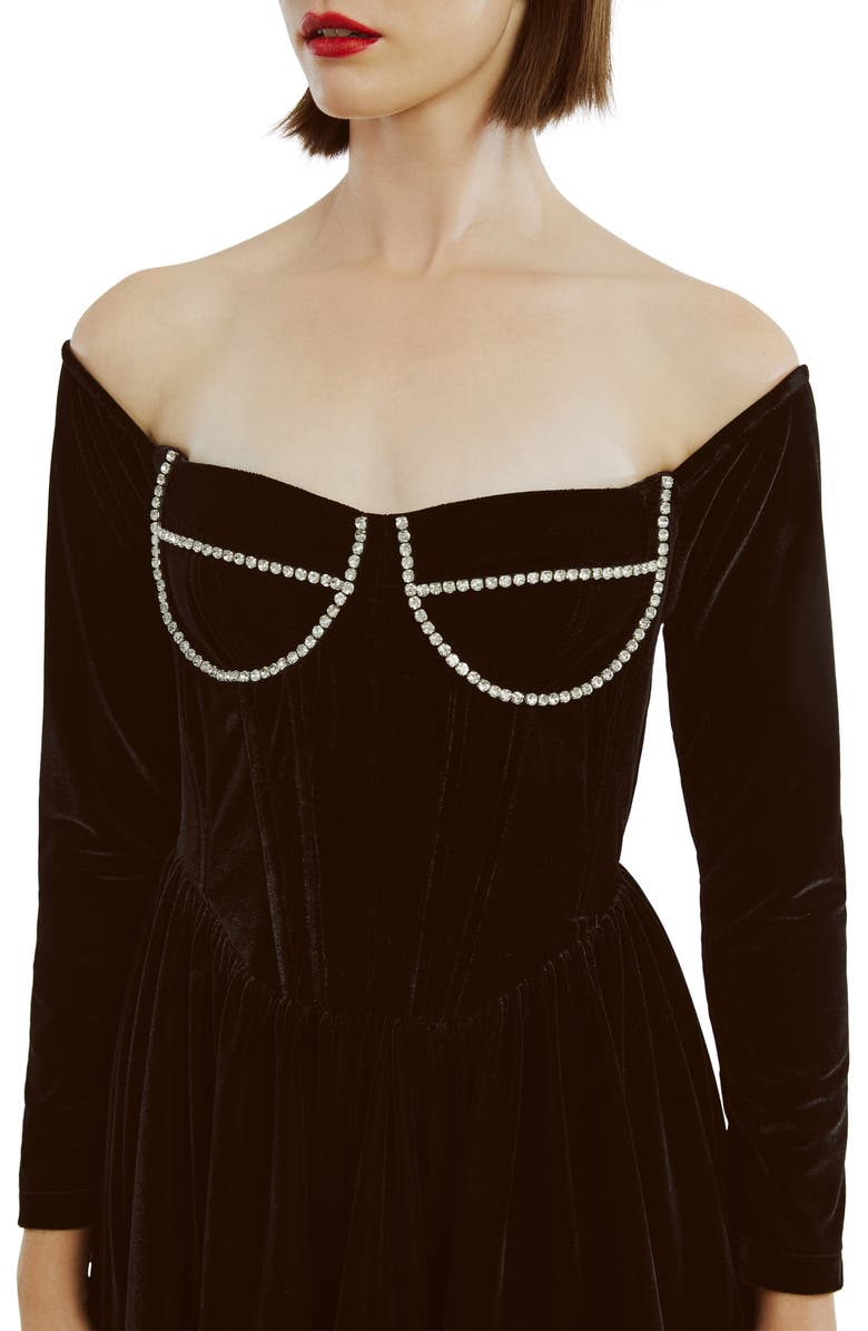 Bardot Emlyn Diamante Long Sleeve Velour Minidress, Alternate, color, Black