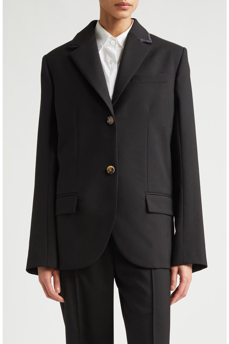 Mending Logo Single Breasted Tropical Wool Blazer, Main, color, 00N99 BLACK