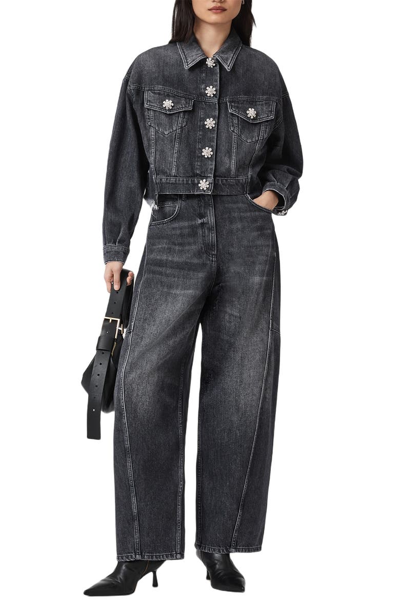 AllSaints Carter Rhinestone Button Barrel Leg Jeans, Alternate, color, Washed Black