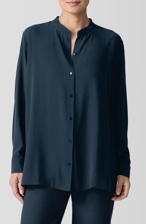 Mandarin Collar Silk Button-Up Shirt