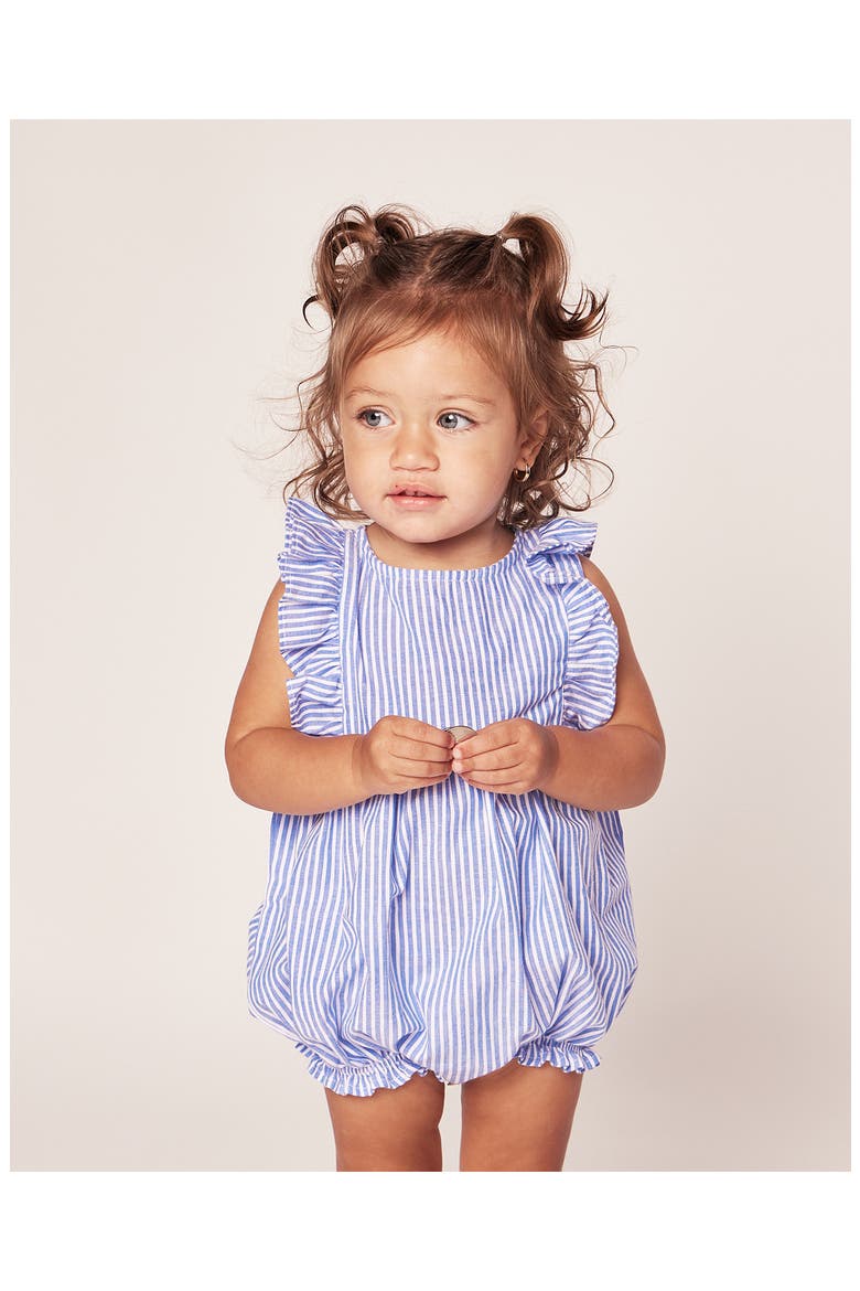 French Blue Seersucker Ruffled Romper, Alternate, color, BLUE