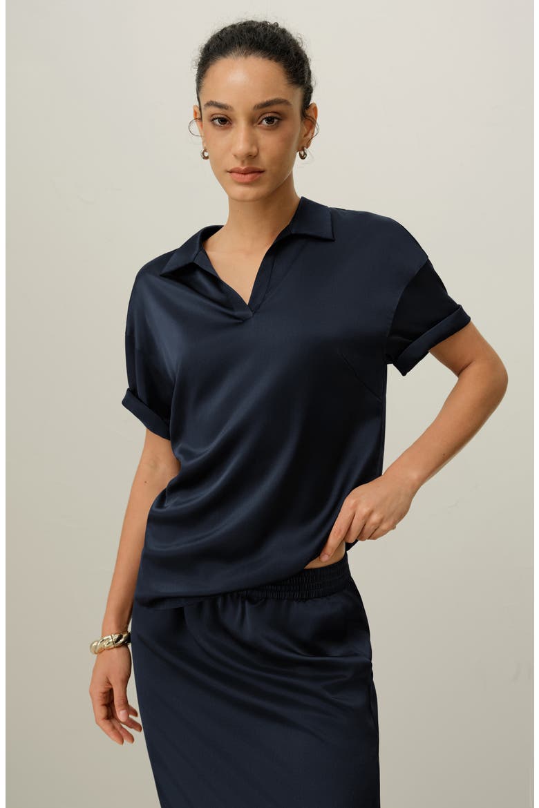 Women's Washable Silk Charmeuse Polo Top, Alternate, color, Midnight Blue