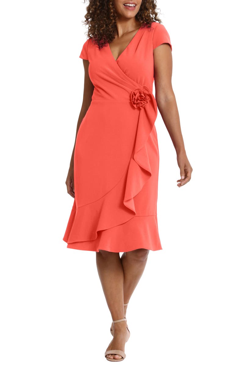 London Times Rosette Ruffle Cap Sleeve A-Line Dress, Main, color, Hot Coral