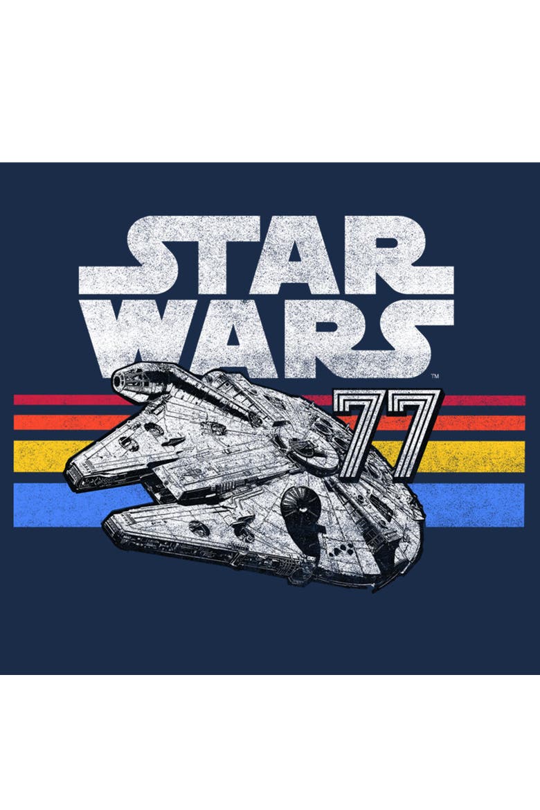 Men's Star Wars A New Hope Millennium Falcon 77' Vintage Stripes  Graphic T-Shirt, Alternate, color, Navy Blue Heather