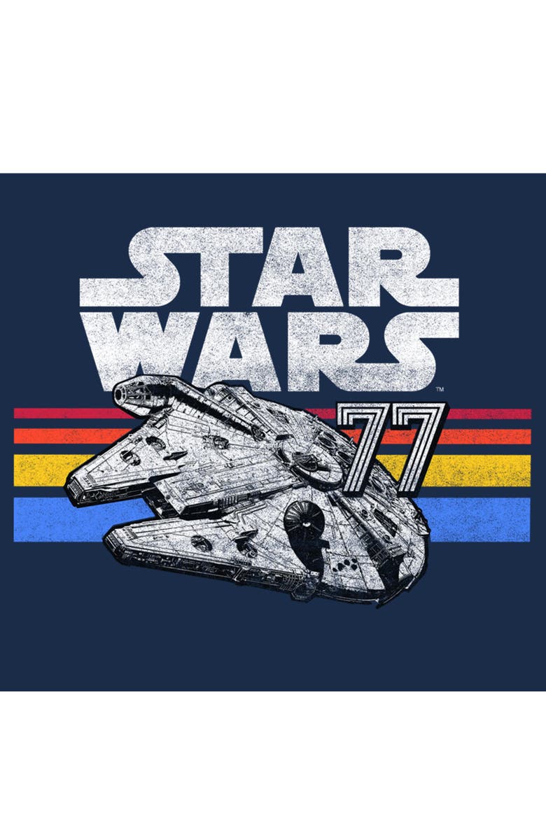 Star Wars: A New Hope Men's Star Wars A New Hope Millennium Falcon 77' Vintage Stripes  Graphic T-Shirt, Alternate, color, Navy Blue Heather