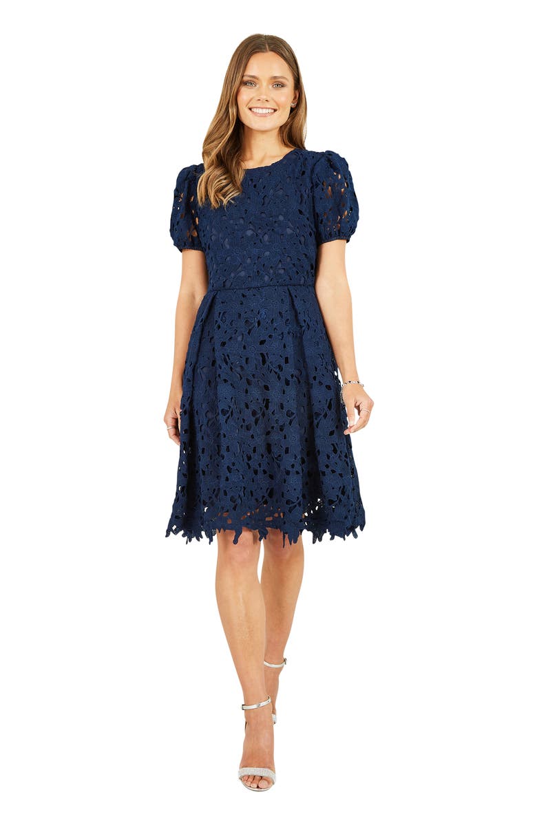 Yumi Lace Skater Dress With Puff Sleeves, Main, color, Navy