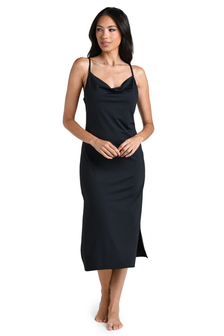 Island Goddess Cowl Neck Cover-Up Midi Dress, Alternate, color, BLACK