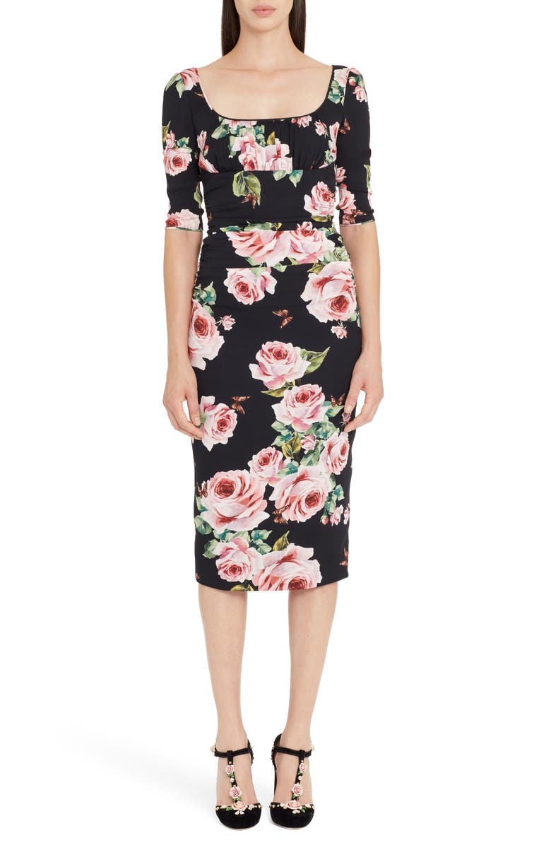 Dolce&Gabbana Rose Print Stretch Silk Dress, Main, color, 