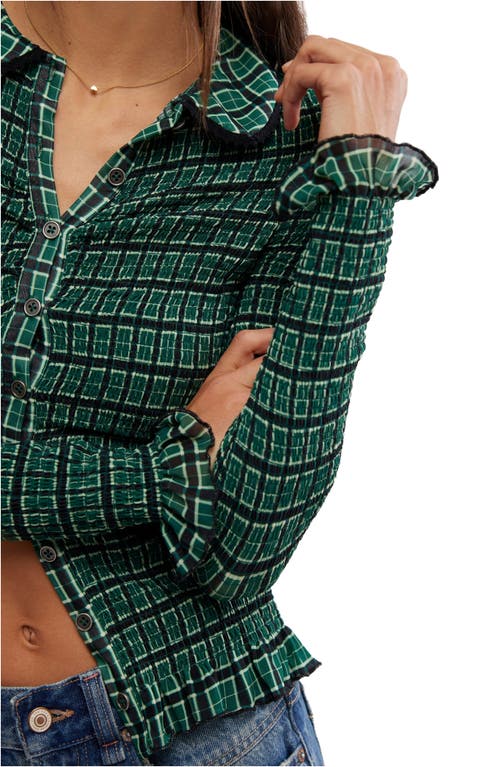 Shop Free People Caught A Feeling Smocked Button-up Top In Green Combo