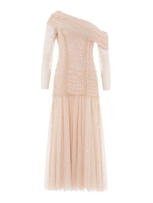 Needle & Thread Gigi Dot One-shoulder Rouched Gown In Neutral