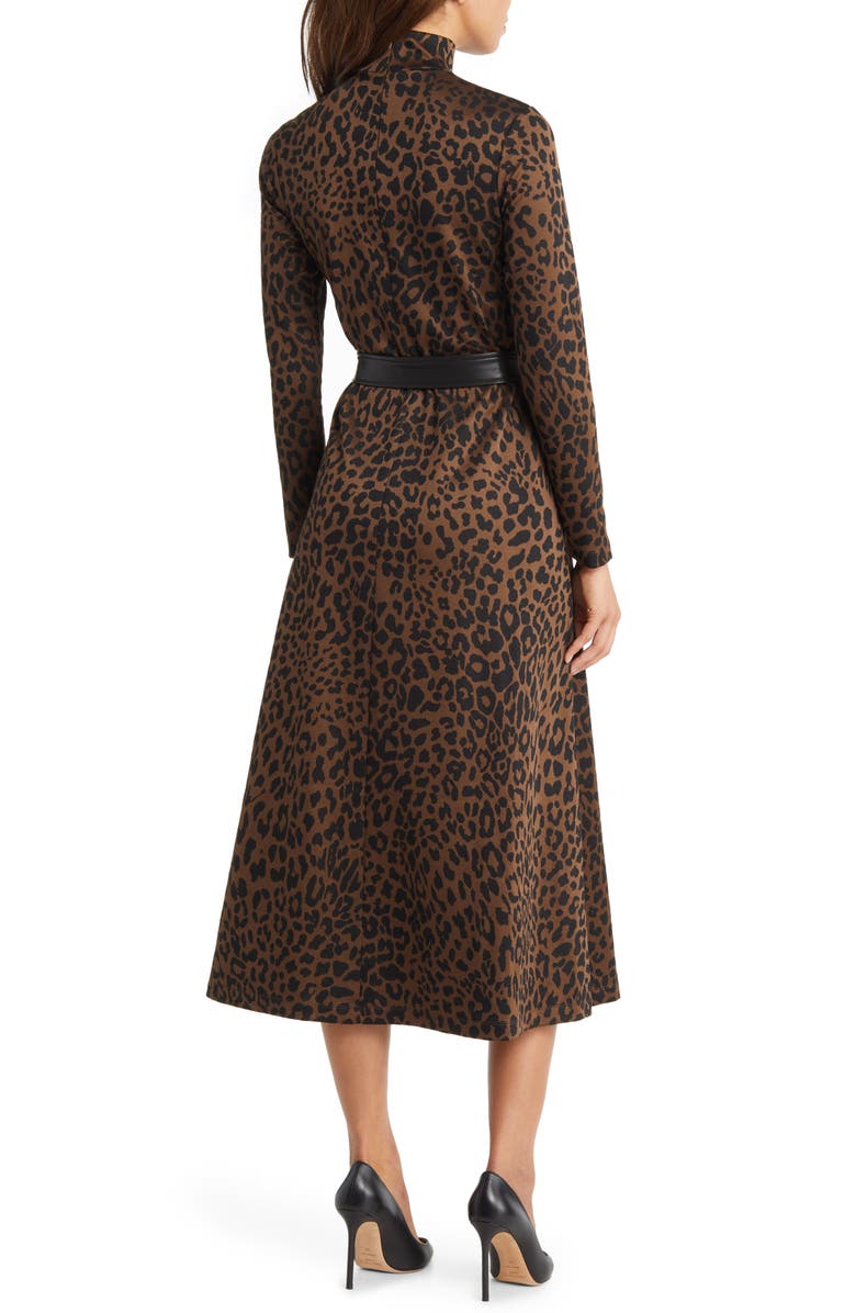 Anne Klein Long Sleeve Mock Neck Leopard Print Tie Waist Dress, Alternate, color, 