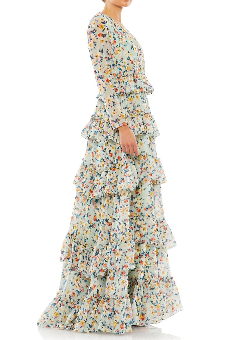 Floral Printed Tiered Ruffle Long Sleeve Gown, Alternate, color, MULTI
