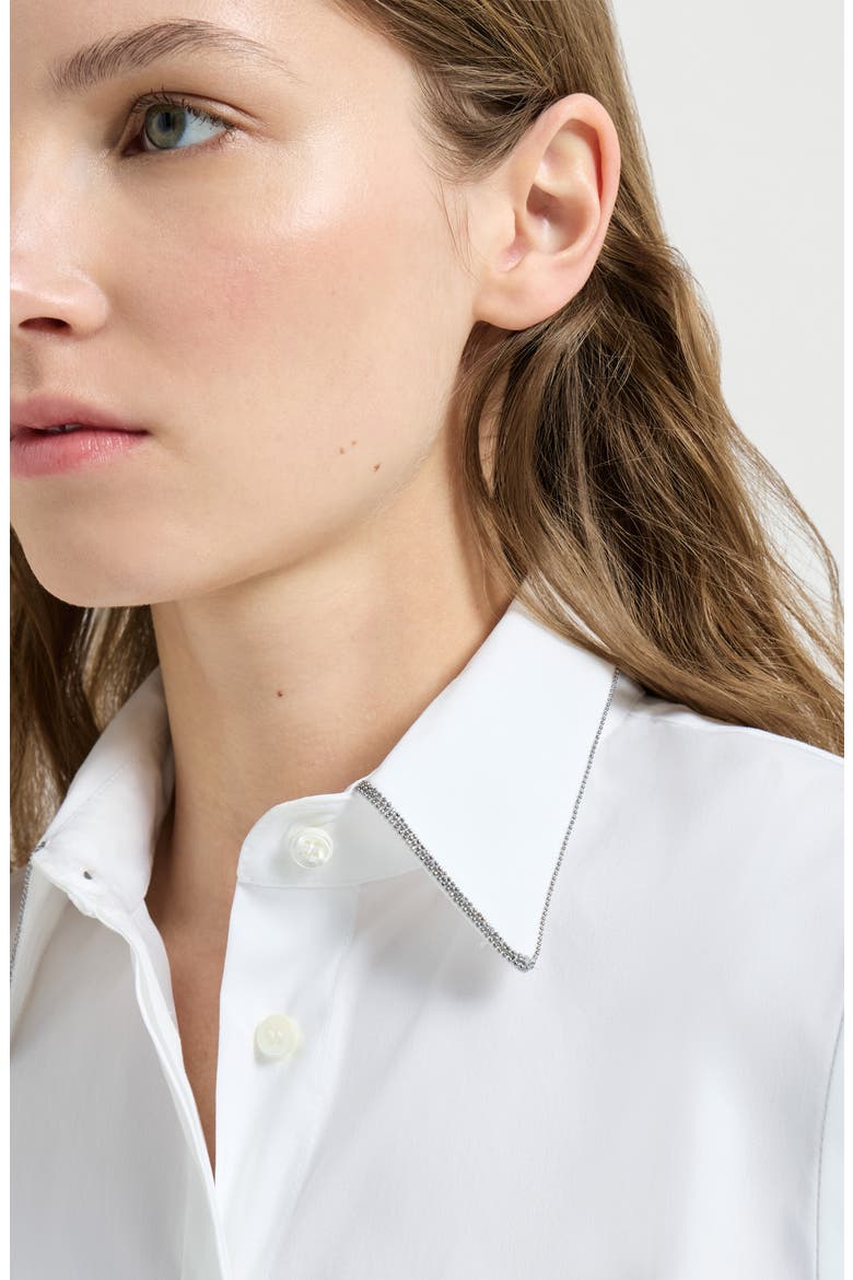 Stretch cotton poplin sleeveless shirt with shiny trim, Alternate, color, White