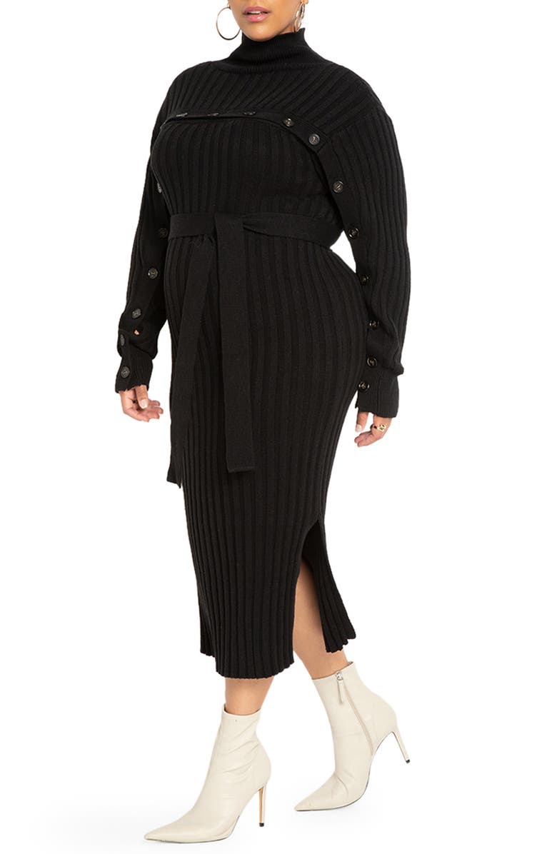 ELOQUII Button Detail Rib Sweater Dress, Main, color, 