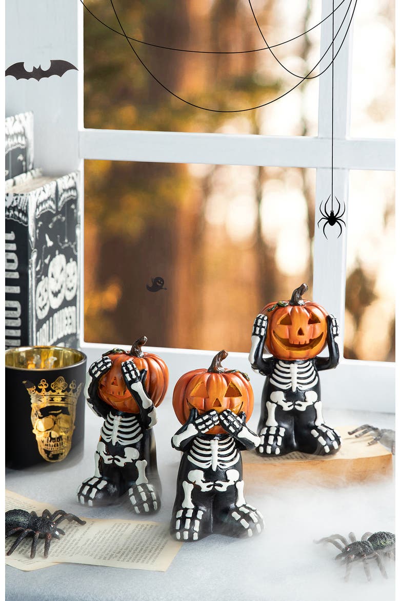 Set of 3 Halloween Resin Skeleton Pumpkin Table Decor, Alternate, color, Black