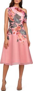 Kay Unger Katherine Floral One-Shoulder Midi Dress