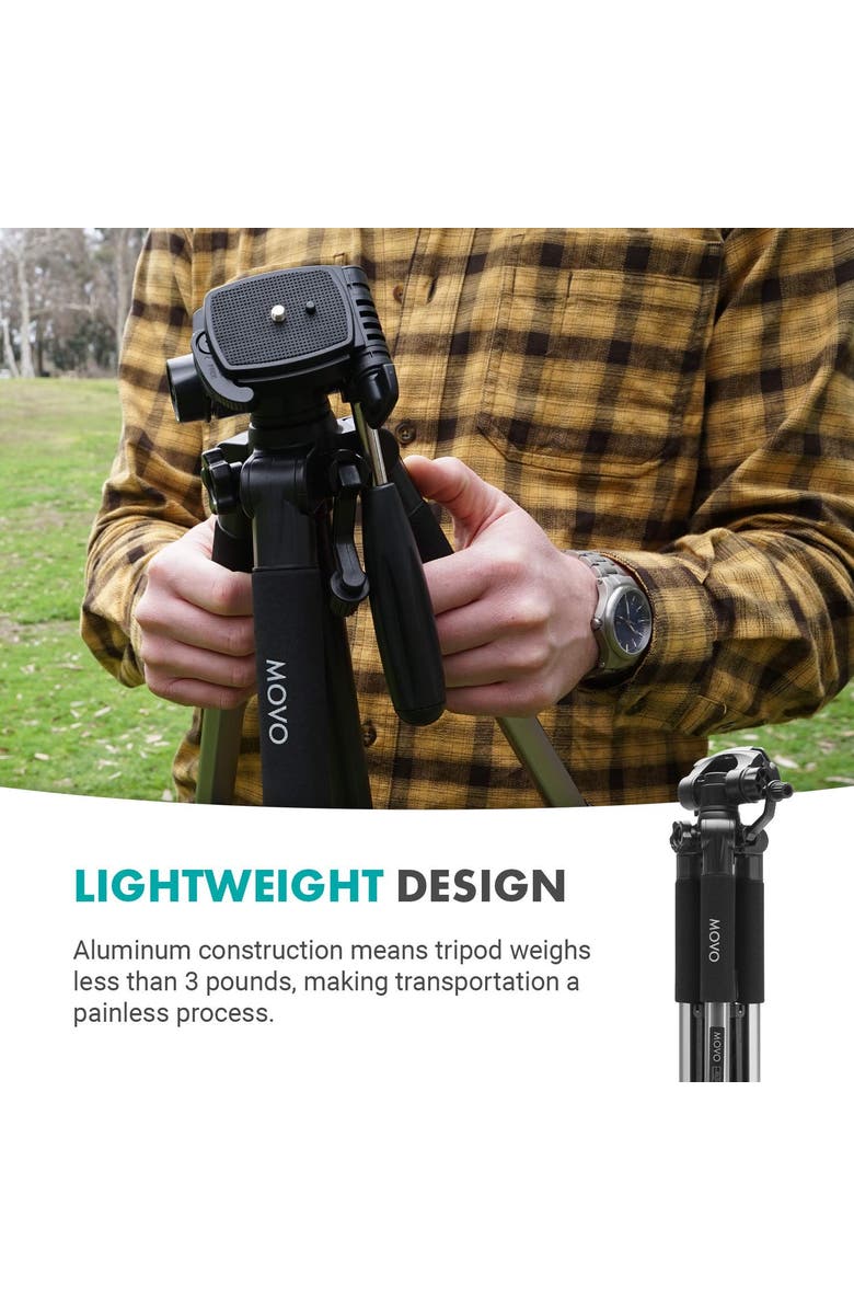 MOVO MV-T5 Full-Size Aluminum Tripod with Video Pan Head, Alternate, color, Black