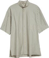 Homme Plissé Issey Miyake Stripe Short Sleeve Stand Collar Cotton Button-Up Shirt