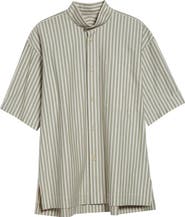 Homme Plissé Issey Miyake Stripe Short Sleeve Stand Collar Cotton Button-Up Shirt