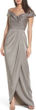 La Femme Long Jersey Dress with Ruching and Cap Sleeves