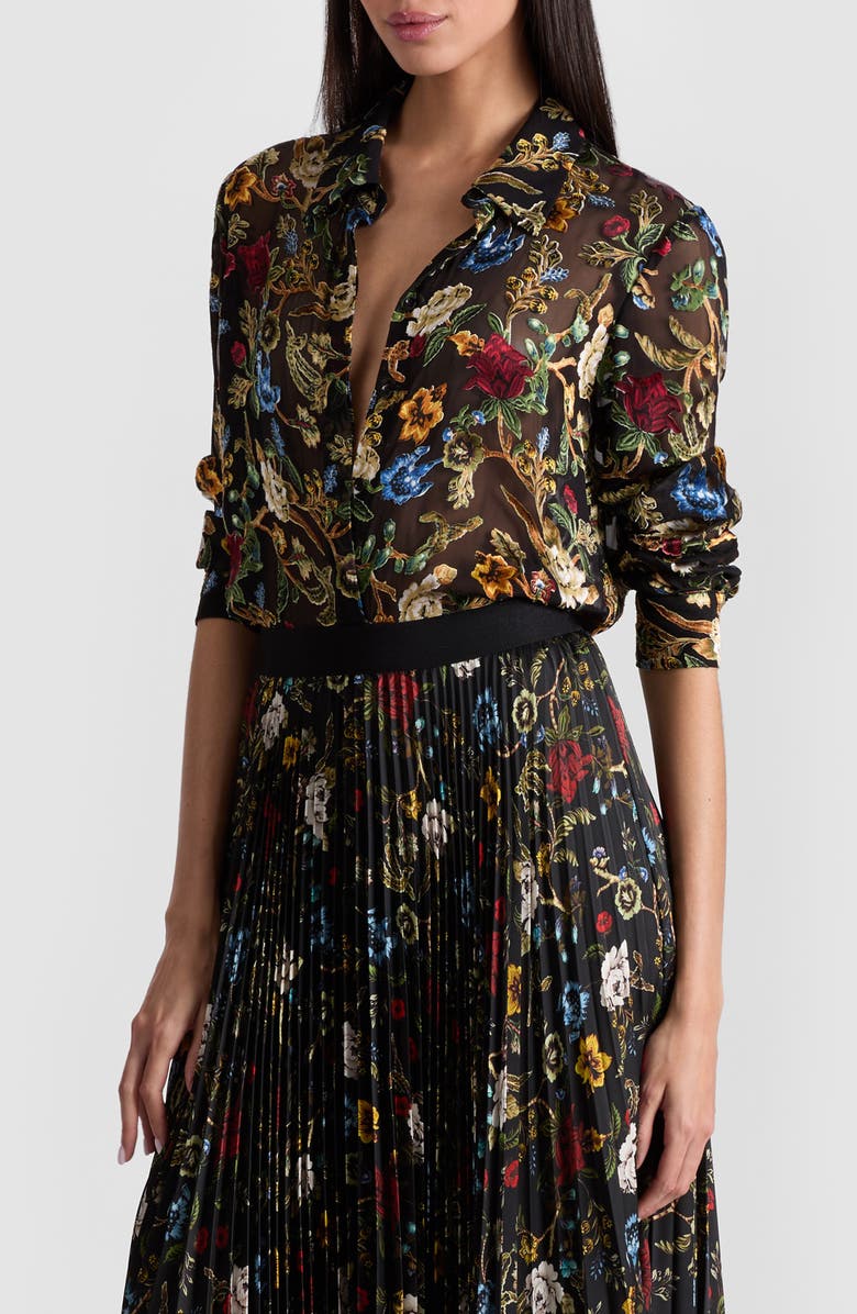 Alice + Olivia Willa Floral Button-Up Shirt, Alternate, color, Tapestry Trails/ Black