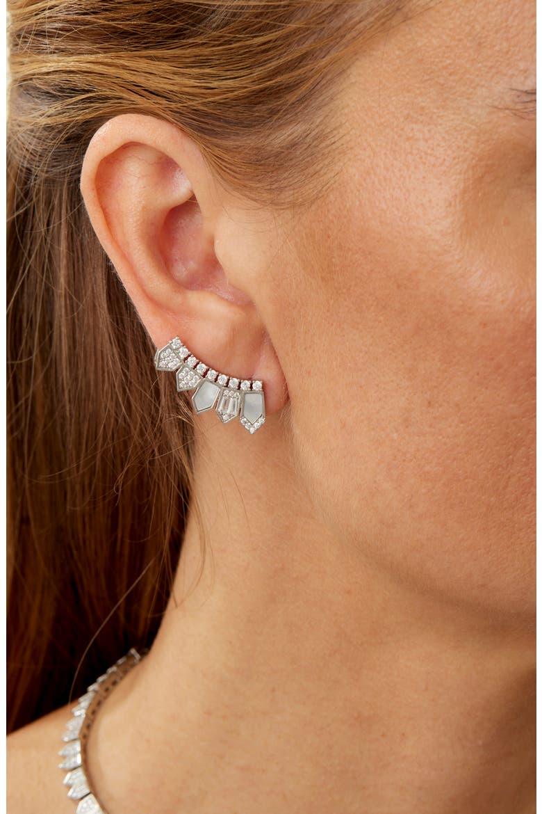 Mother of Pearl & Cubic Zirconia Crawler Earrings, Alternate, color, WHITE