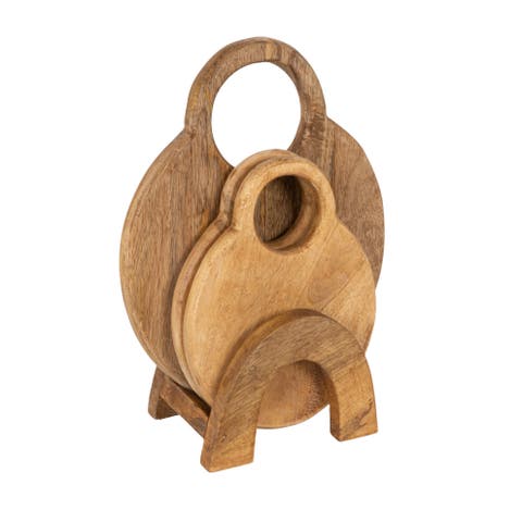 3-Piece Round Mango Wood Cutting Boards in Various Sizes with Stand, Natural