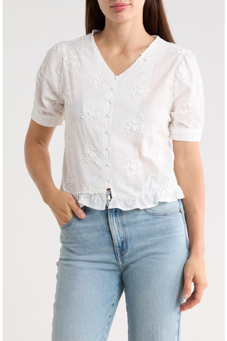 Eyelet Short Sleeve Button-Up Crop Top, Main, color, WHITE