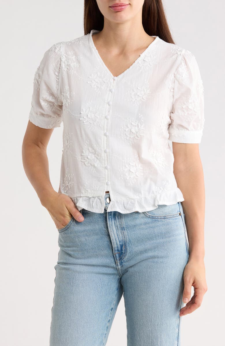 Forgotten Grace Eyelet Short Sleeve Button-Up Crop Top, Main, color, White
