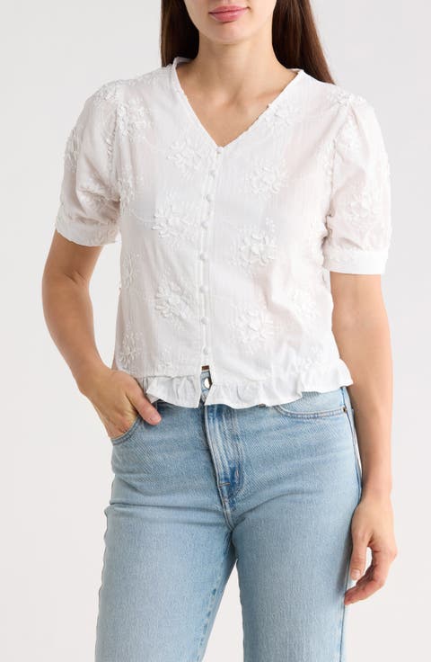 Eyelet Short Sleeve Button-Up Crop Top