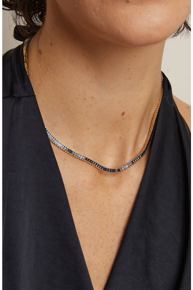Lab Grown Blue Sapphire Baguette Tennis Necklace, Alternate, color, Yellow Gold Vermeil
