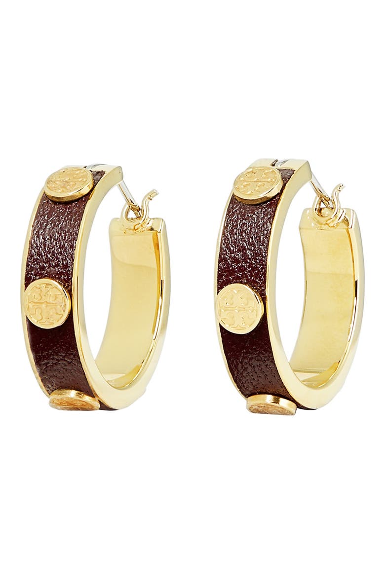 Miller Stud Faux Leather Hoop Earrings, Main, color, TORY GOLD / TEMPRANILLO