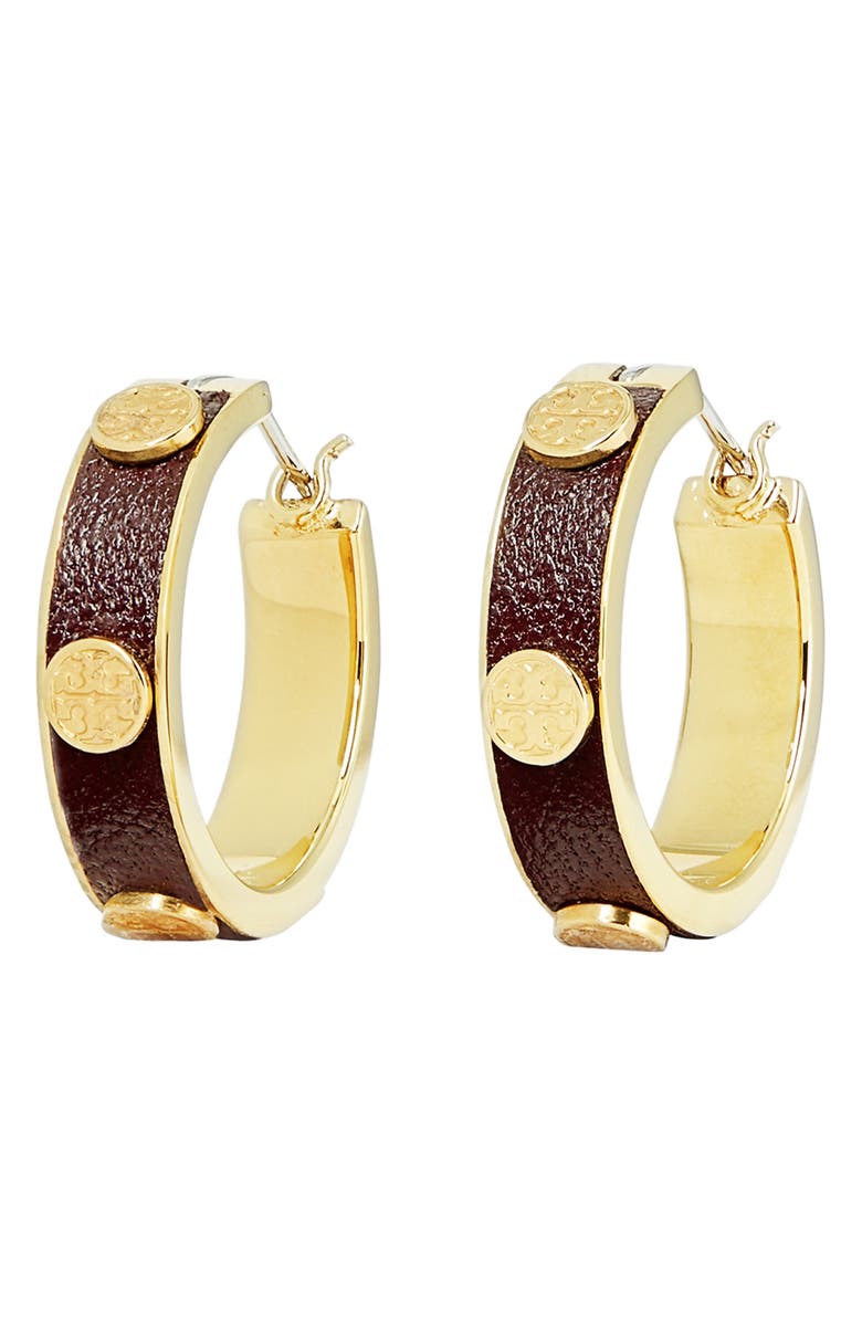 Tory Burch Miller Stud Faux Leather Hoop Earrings, Main, color,