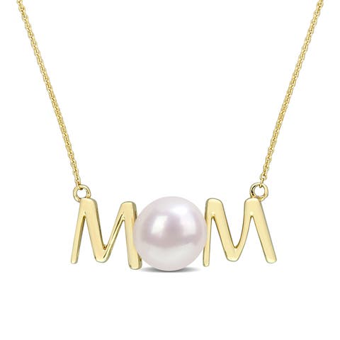 Cultured Pearl "LOVE/MOM" Necklace 10k