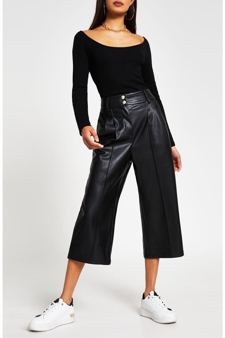 Pleat Front Faux Leather Culotte Pants, Alternate, color, BLACK