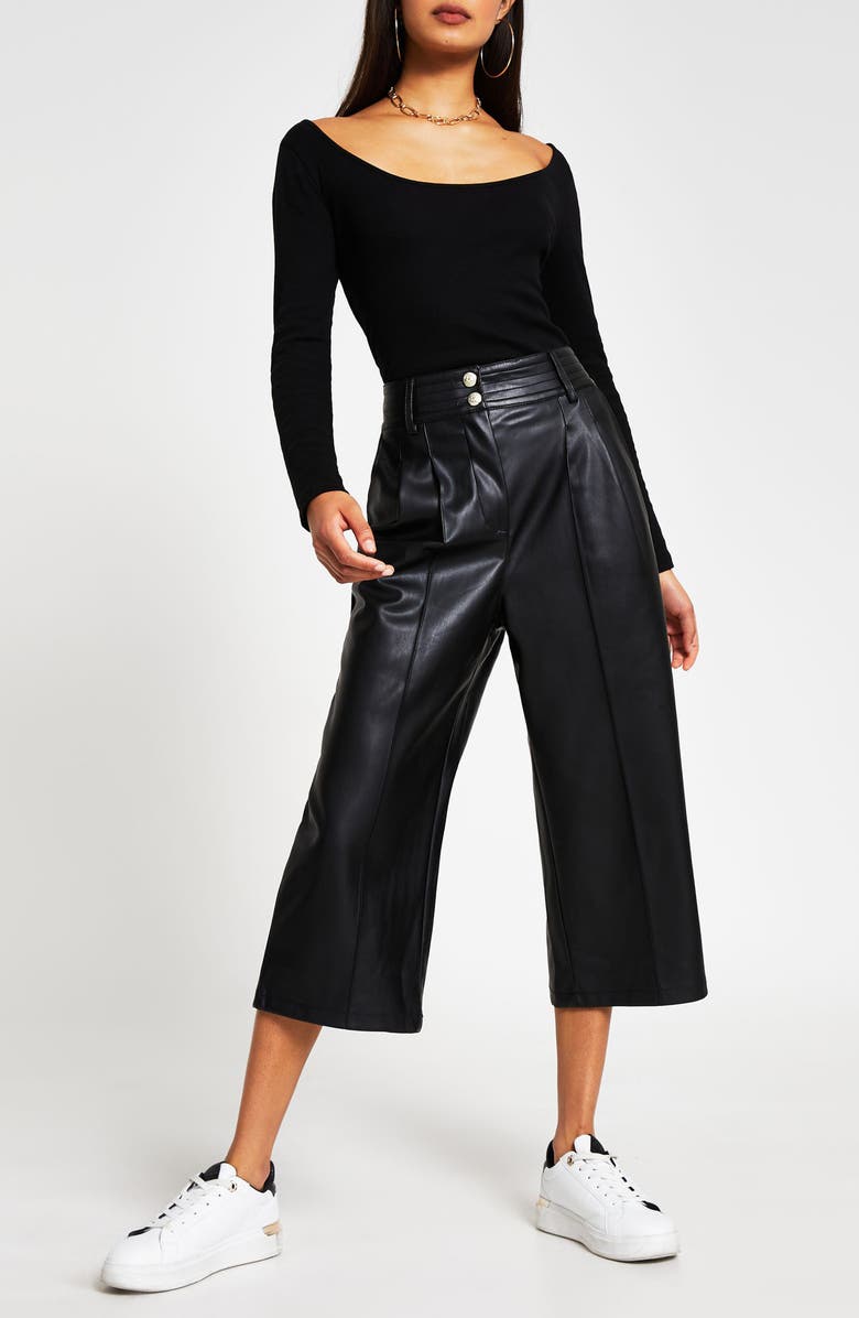 River Island Pleat Front Faux Leather Culotte Pants, Alternate, color,